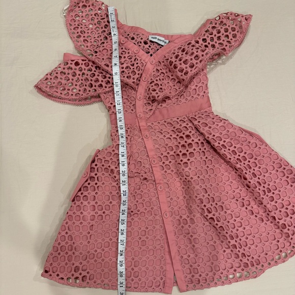 Self-Portrait | Lace Frill Asymmetric Cold-Shoulder Fit & Flare Pink Mini Dress - Picture 12 of 16